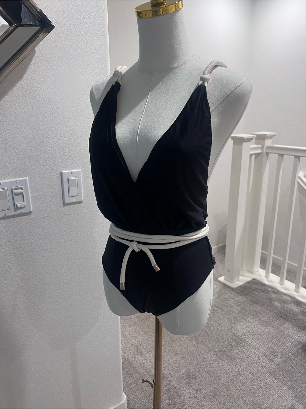 Classic Black One-Piece Swimsuit with White Rope Detail (wore once)